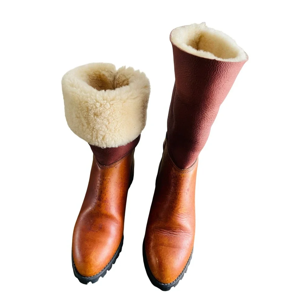 Timberland Vtg 90's Shearling Lined Leather Boots Cognac Made in USA Womens 6.5M